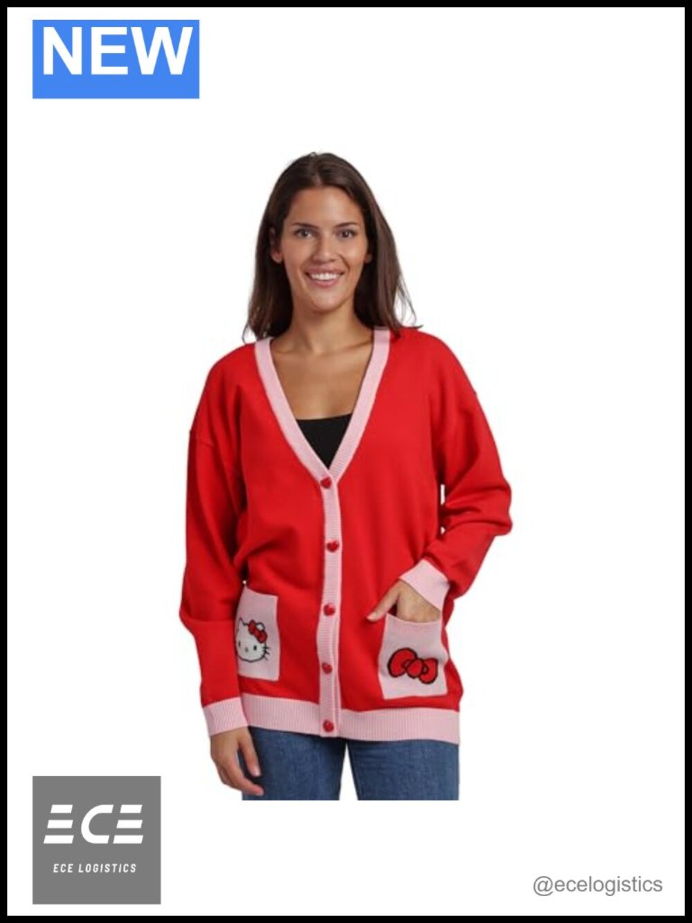 Hello Kitty Character Face & Bow Long Sleeve Cardigan Sweater